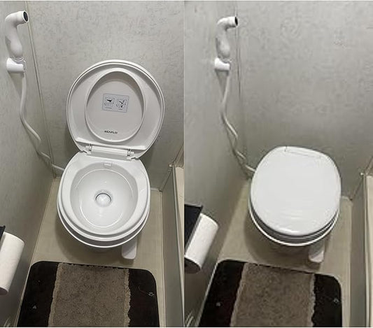 SEAFLO RV Toilet with Sprayer Attachment - White, 18.4” Residential Height, Gravity Flush Foot Pedal Camper Toilet Soft Close Seat Elongated Bowl Motorhome, 4-Year Warranty, SFRTPH-01-02