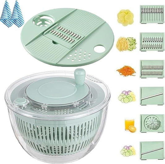 3 in 1 Salad Spinner with Mandoline Slicer, All in One Slicer Bowl, Multifunctional Salad Spinner Small Stainless Steel, Vegetables Wash Bowl, Fruits & Lettuce Dryer with 5 Blade (Green)