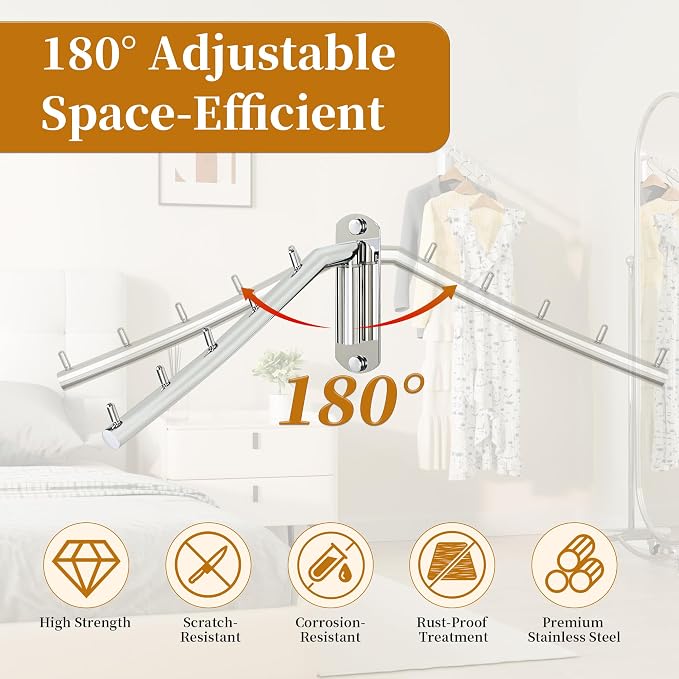 Alise Swing Clothes Hanger Rack,Garment Racks Wall Mount,Chrome,1P | Clothes Bar-Hanger Holder Hooks Heavy Duty Folding Drying Rack Space Saving Clothing Hanging System Closet Storage Organizer
