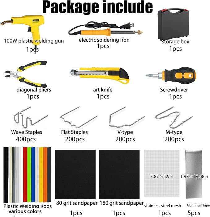 Plastic Welder,2 in 1 Plastic Welding Kit,Hot Stapler Car Bumper Repair Kit | SONNLER 1000PCS Hot Stapler For Car Bumper Crack Repair with Iron , Rods, Metal Mesh, Abrasive Paper, Aluminum Tape