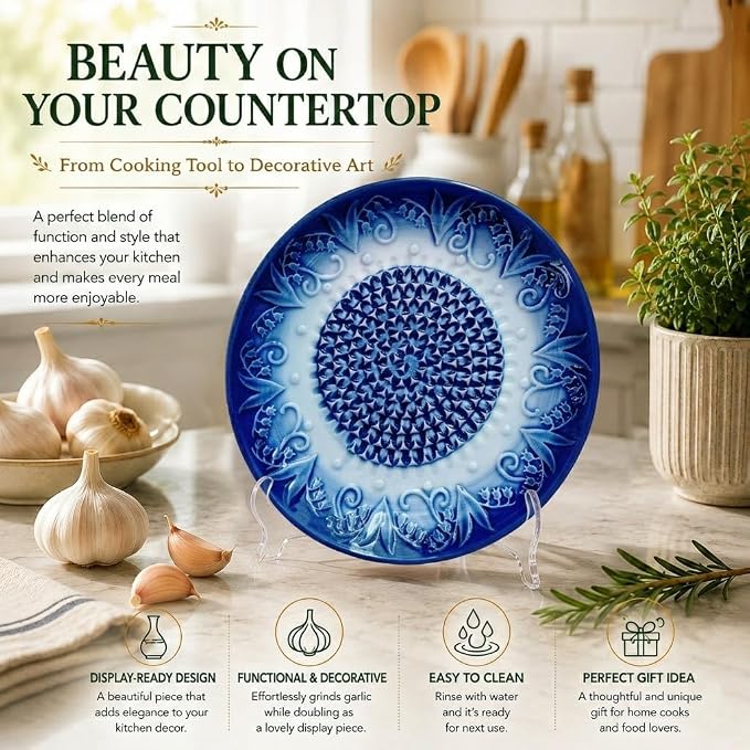 Ceramic Garlic Grater Plate Set with Rack & Cleaning Brush (Blue)