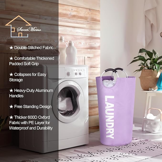 Large Laundry Basket, Laundry Hamper Bag with Handles, 95L Purple | Freestanding Tall Dirty Clothes Hamper, Collapsible and Portable Laundry Bin for Dorms and Bedrooms, Thick, Sturdy Fabric