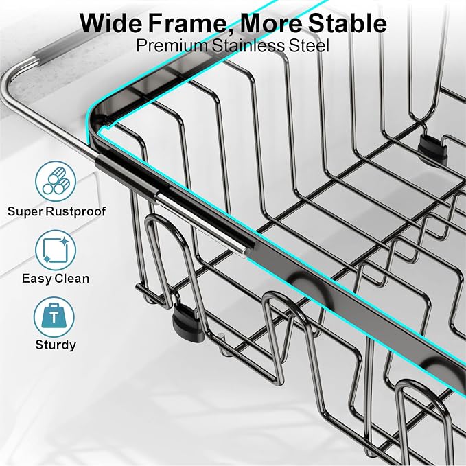 GSlife Dish Drying Rack Over the Sink with Twist-Lock Extendable Handle | Stainless Steel Dish Drainer with Cup Holder and Utensil Holder for Small Kitchen Apartment RV, Rustproof, Gunmetal Grey