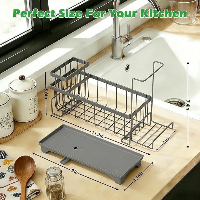 Sponge Holder for Kitchen Sink, Self-Draining Sink Caddy with Detachable Cloth & Dish Brush Rack, Metal Sponge Caddy Organizer for Kitchen Countertop Organizers and Storage Accessories, Gray