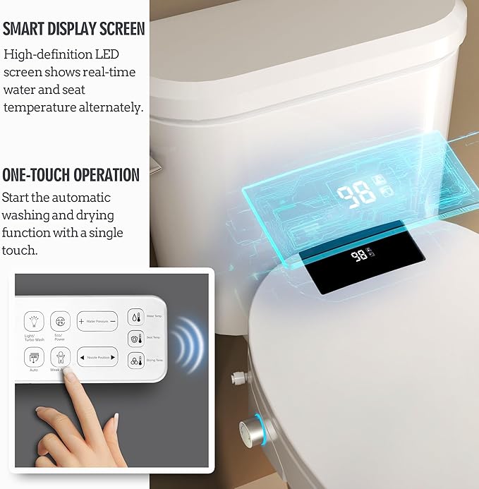WLJBIDET Bidet Toilet Seat with Remote Control, Electronic Heated Bidet Seat with Adjustable Warm Water and Pressure, Warm Air Drying, Display Screen, Night Light, Slow Closed Toilet Lid, Elongated
