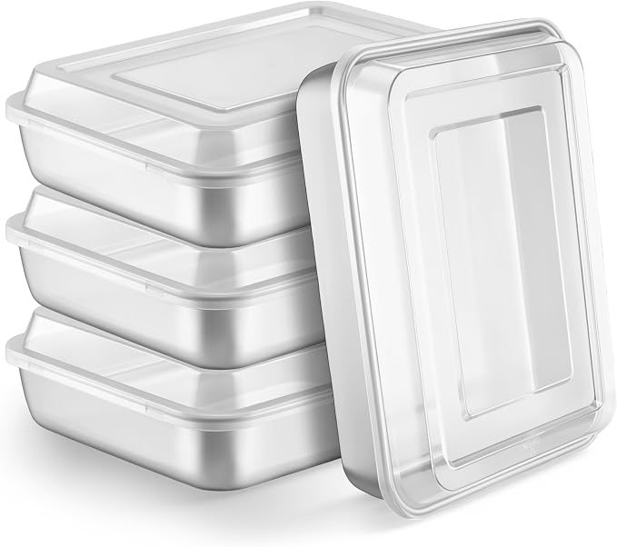 LIANYU Stainless Steel Rectangular Baking Pan, 12⅓ x 9¾ x 2 Inch Commercial Cake Pan with Lid Set of 4, Metal Lasagna Brownie Bakeware Set, Healthy & Dishwasher Safe (4 Pan +4 Lid)
