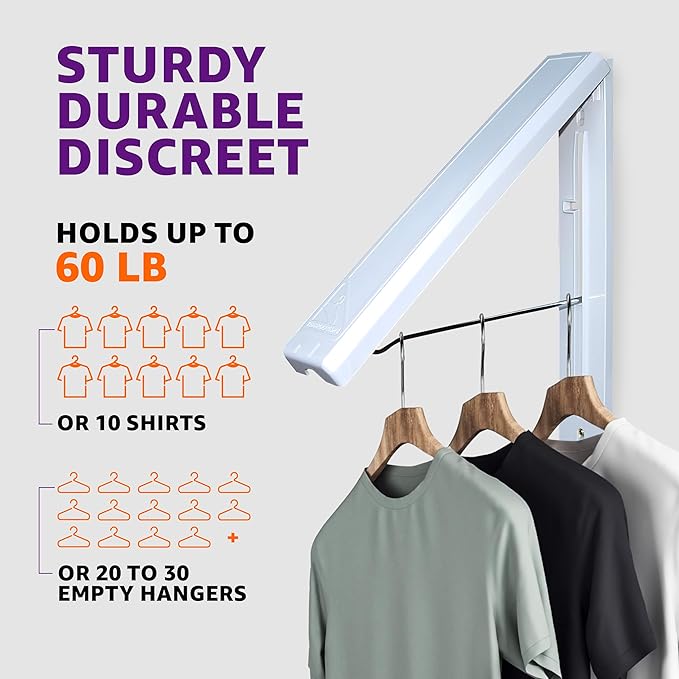 InstaHanger Wall Mounted Clothes Drying Rack - 60lb Capacity (Pack of 2) | Wall Mounted Laundry Drying Rack Folds Flat When Not In Use - Collapsible and Space Saving Laundry Hanger for Storage