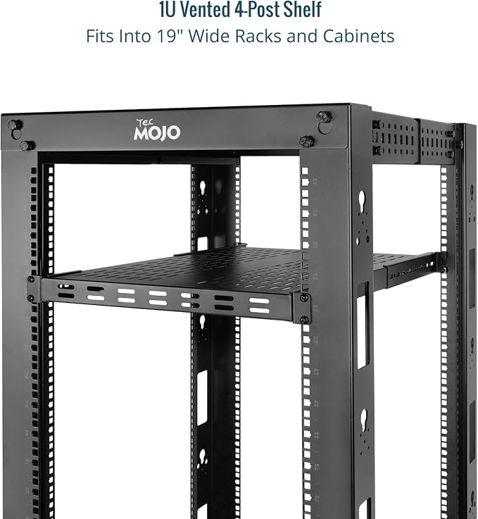 Tecmojo 1U 4-Post Vented Server Rack Mount Shelf,13.8in Deep with Adjustable Depth 13.8-23.6inch,Supports to 242 lbs,Universal Tray for 19 Inch AV/Network Equipment Rack,Black
