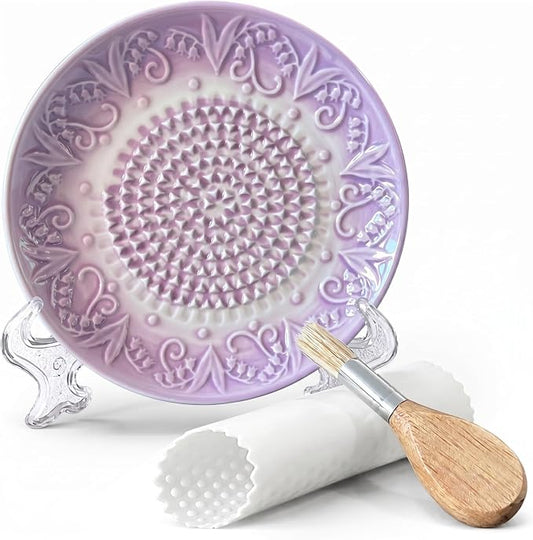Handcrafted Ceramic Garlic Grater Plate 4-Pc Set, 5.12" Handmade Porcelain Grinding Dish with Wooden Boar Bristle Brush & Textured Silicone Peeler, Lavender Purple Embossed Lily