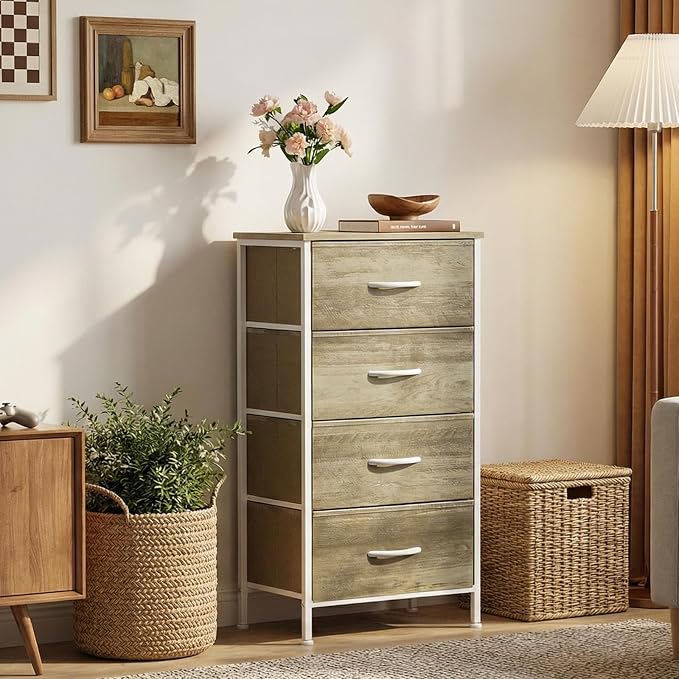Sweetcrispy Dresser for Bedroom, 4 Drawer Storage Cabinet, Tall Nightstand | Small Fabric Dresser for Closet, Chest of Drawers, Closet Organizer, Home Furniture, Sturdy Frame, Oak Greige