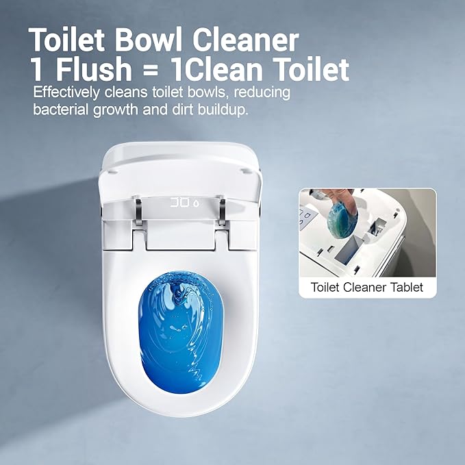 Smart Toilet with Tank, Luxury Elongated Electric Bidet Toilet with Cleaner Tablets, Heated Seat, Dual Auto Flush/Lid&Seat, Foot Sensor, UV-C light, One Piece Toilets with Dryer, LED Display