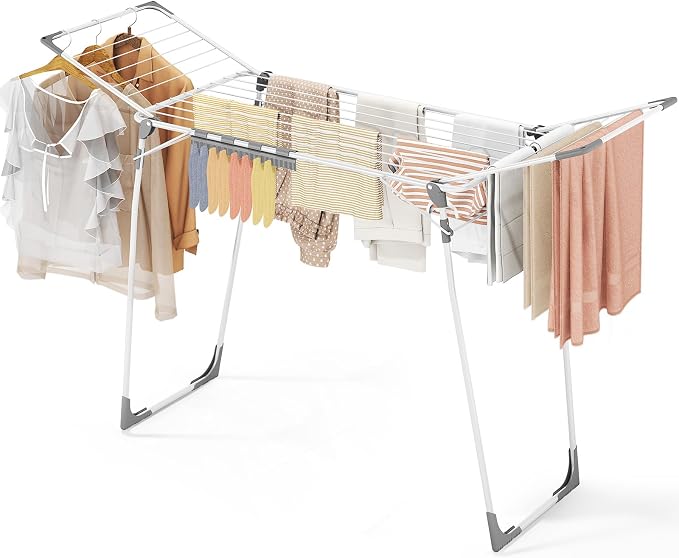 KINGBOARD Clothes Drying Rack, Gullwing Drying Rack with Sock Clips, White | For Family Laundry, Spacious Design with 2 Sturdy Frame Supports, Holds Up to 37lbs, Non-slip Feet, for Indoor/Outdoor Use