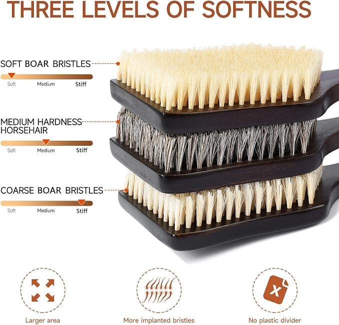 Back Scrubber Shower Brush,Dry Brushing Body Brush with 17.7 Inch Curved Long Handle, Natural Bristles for Lymphatic Drainage, Soft & Stiff Bristles Available (Natural Fiber, Soft)