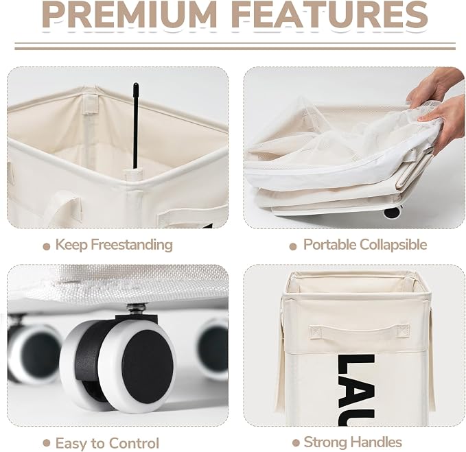 CHICVITA 75L Collapsible Laundry Hamper with Wheels & Wash Bag, White | Easy-carry handle, removable wash bag for dorms. Clothes laundry basket rolls smoothly on wheels