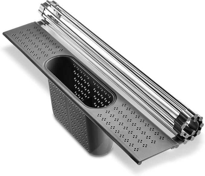 edge Roll Up Dish Drainer, Over The Sink Multi-Purpose Foldable Drying Rack with Caddy, Gray, Medium- 17.3"x11"
