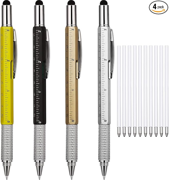Zhanmai 4 Pcs 6 in 1 Multitool Pen Gift for Men Multi Tool Pen with Ruler Level Screwdriver Stylus 10 Ink Cool Refill Tool Gadget Birthday Christmas Stocking Stuffers (Black Silver Yellow Gold)