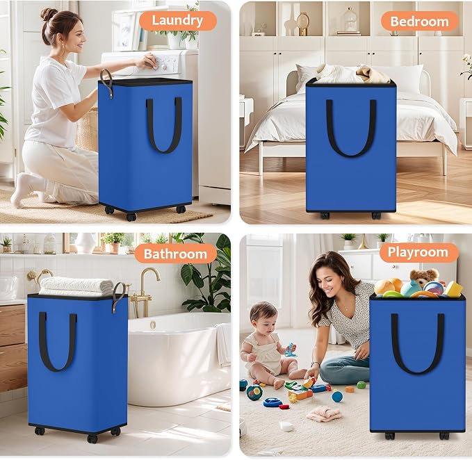 SpaceTrove Rolling Laundry Basket with Wheels, Laundry Hamper, 100L, Blue | Collapsible, 4 detachable wheels including 2 with brakes, sturdy handle, metal frame, for dorms, bathrooms and bedrooms