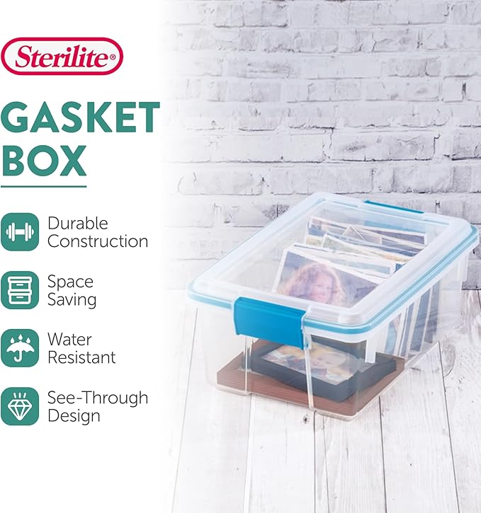 Sterilite Gasket Storage Box with Lids for Home & Office, 12 Quart, 12-Pack | Heavy-Duty, Stackable, and Organizing Containers for Bathroom, Cabinet, Closet, and Garage, Clear and Blue Aquarium Latches