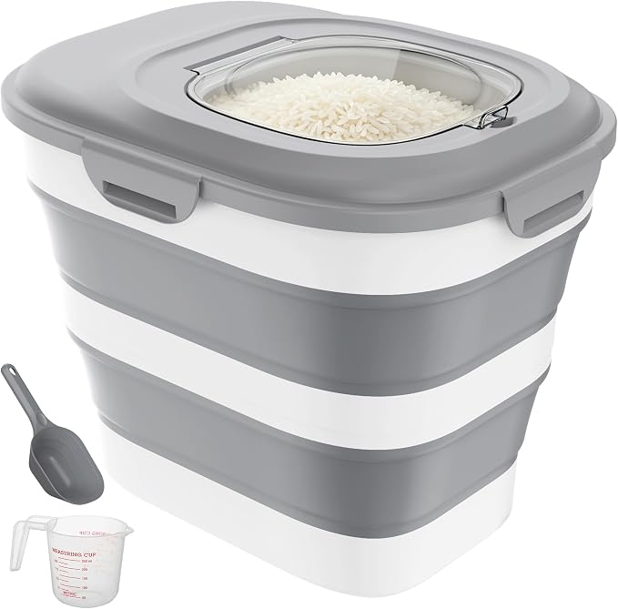 Rice Storage Container, 20 to 50Lbs Collapsible Airtight Rice Container, 30 Lbs Dog Food Storage Container with Wheels, Cup and Scoop, Food Dispenser Bin for Flour, Cereal, Flour, Cat, Bird, Pet