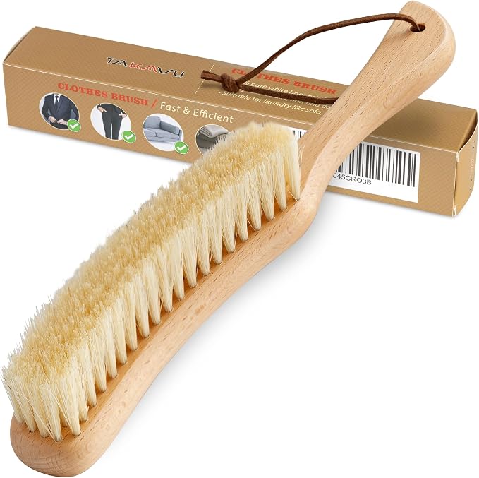 TAKAVU White Boar Clothes Brush for Suits, Large Beech Wood Handle | Lint Brush for Coats, Cashmere, Wool, Velvet & Suede Upholstery, Hats & Jackets, Natural Stiff Bristle Garment Care
