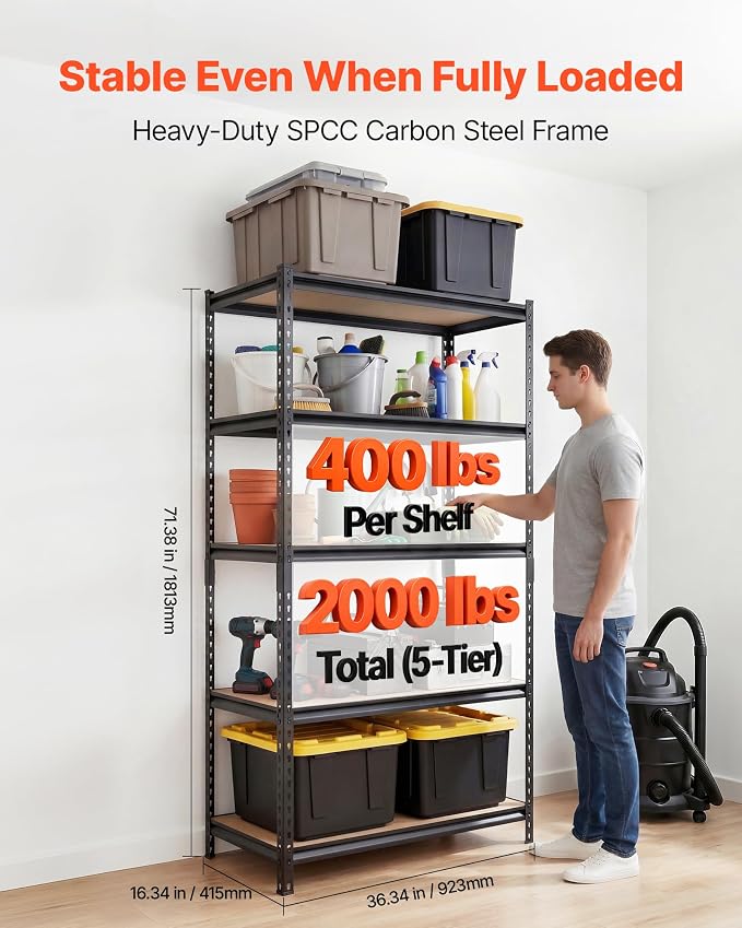 VEVOR Storage Shelves, 5-Tier Adjustable, 2000 lbs Capacity, Heavy Duty Garage Storage Shelving Unit, Metal Utility Rack Shelf, for Garage Warehouse Basement Kitchen, 36.34" W x 16.34" D x 71.38" H