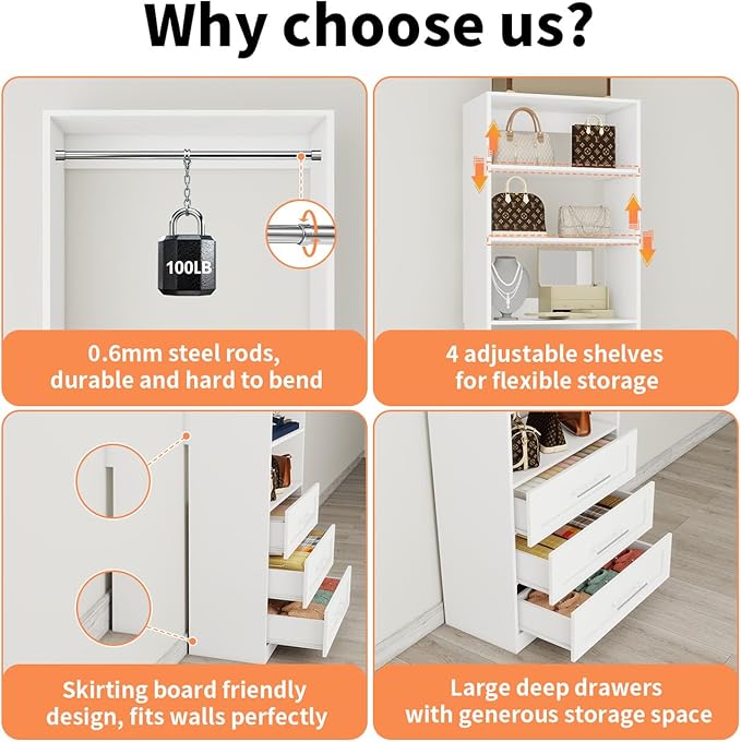 Closet System with 4 Sets, 8–21 FT Closet System with 6 Drawers, 9 Shelves & 8 Hanging Rods, Heavy Duty Closet Organizer System for Walk in Closets, Modular Custom Wood Closet Kit, White