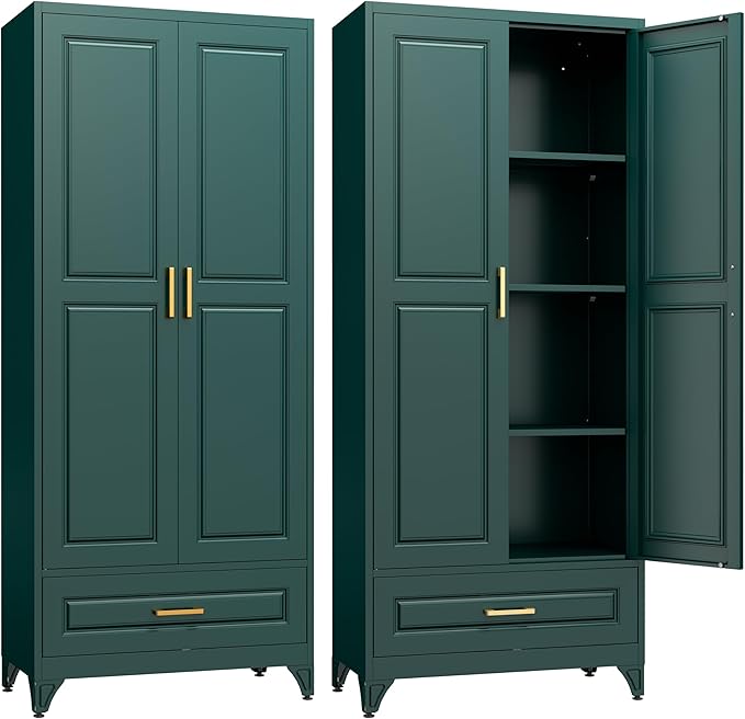 SteeLoong 75" Metal Storage Cabinet with Doors and 3 Adjustable Shelves | Kitchen Pantry Cabinet with Drawer,Green Kitchen Cabinet with 2 Gold Handles,Food Cupboard for Livingroom,Pantry, Bathroom