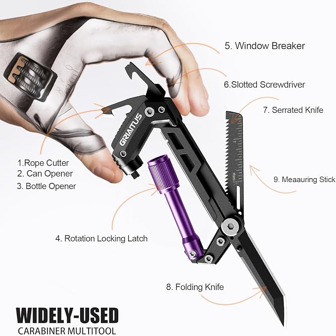 Carabiner Multitool with Pocket Knives, EDC Carabiners Gift for Camping Men | Serrated Knife, Rope Cutter, Screwdriver, Can Bottle Opener, Ruler, Folding Knife for Hiking, (Purple)