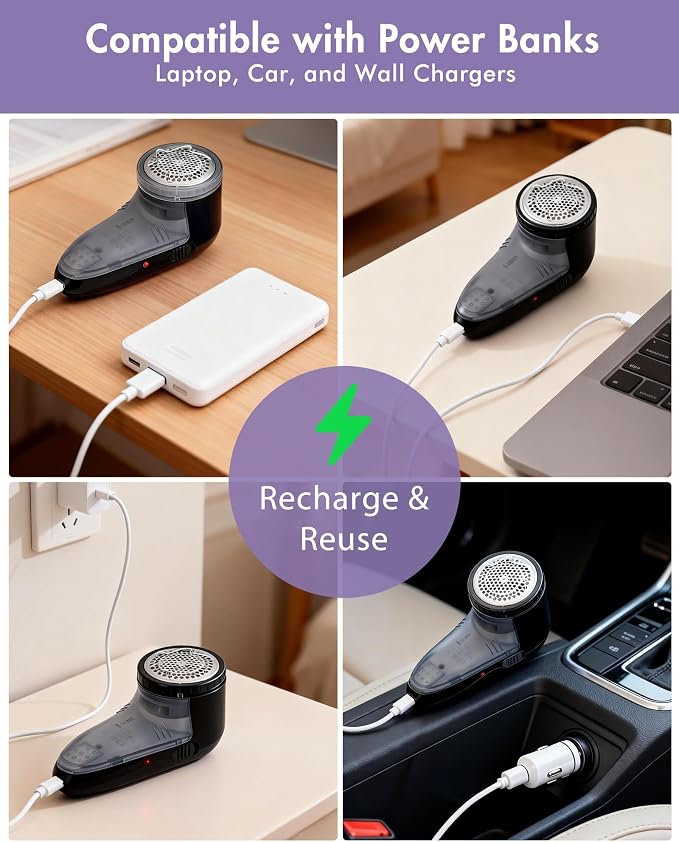 Ruidla Fabric Shaver Defuzzer, Electric Lint Remover, Rechargeable Sweater Shaver with Stainless Steel 3-Leaf Blades, Dual Protection, Removable Bin, Easy Remove Fuzz, Lint, Pills, Bobbles | Electric Sweater Shaver with Replaceable Stainless Steel 3-Le...