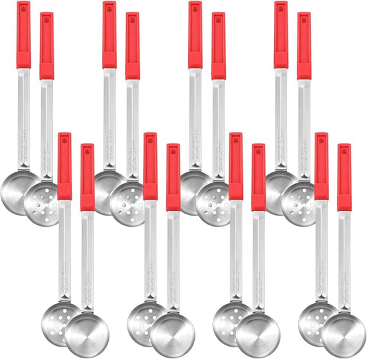 Teenyyou 16 Pcs Portion Control Serving Spoons, Restaurant Measuring Serving Ladle Utensils, Portion Control Slotted Scoops for Weight Loss, Solid and Perforated Scoops(Red,2 oz)