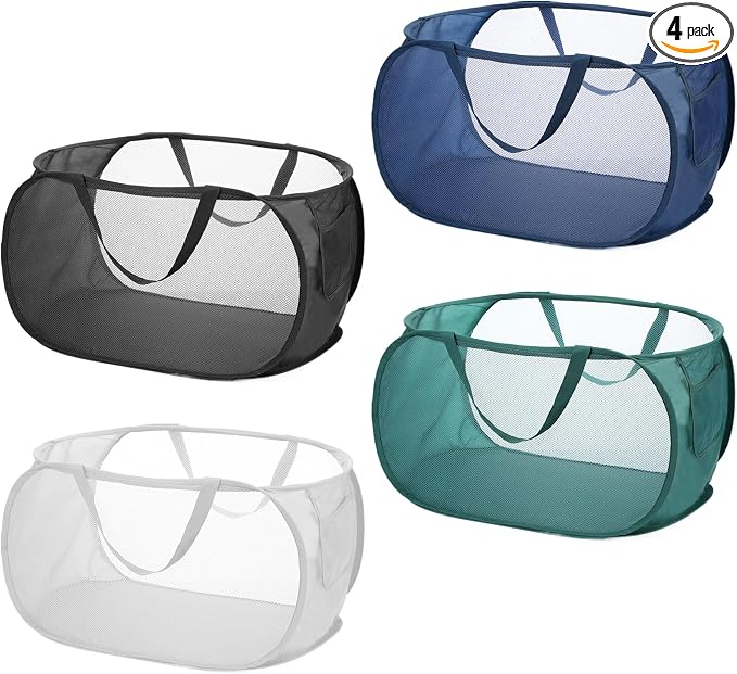 4 Pcs Popup Mesh Laundry Basket, Laundry Hamper with Side Pocket | Foldable, Heavy Duty, Storage Basket with Durable Handles for Bathroom, Travel, Dorm