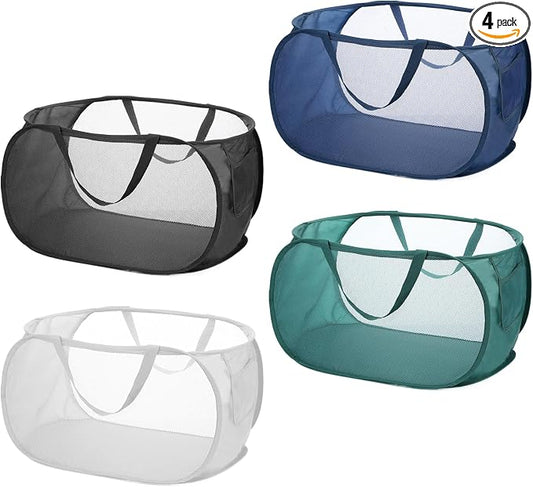 4 Pcs Popup Mesh Laundry Basket, Laundry Hamper with Side Pocket | Foldable, Heavy Duty, Storage Basket with Durable Handles for Bathroom, Travel, Dorm