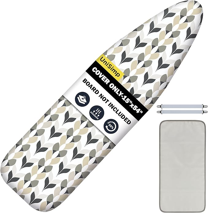 UniSimp Ironing Board Cover and Pad 15"x54" Extra Thick Natural Cotton, Scorch and Stain Resistant Padding, Standard Size Iron Board Cover with Fasteners Heavy Duty Elastic Edge, Heatproof Foliage