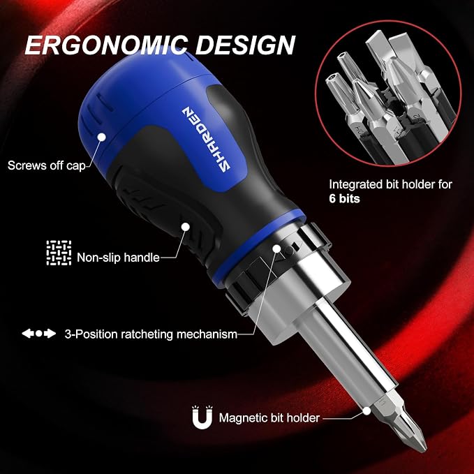 8 in 1 Stubby Ratcheting Screwdriver Multi Short Screw Driver Set | 6 CRV Bits Phillips, Slotted, Torx, Portable All-in-One Repair Tool Kit for Home DIY Tables, Doors, Chairs, Portable Tools