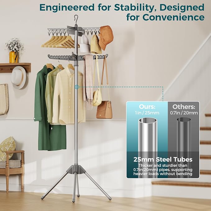 KINGBOARD 2-Tier Clothes Drying Rack, 72" H Drying Rack, 7 Rotatable Arms | 360° Rotatable Arms, 27 Hanger Holes, 24 Clips, Stainless Steel, Tool-Free Setup, Portable for Travel & Home, 30lbs Hold