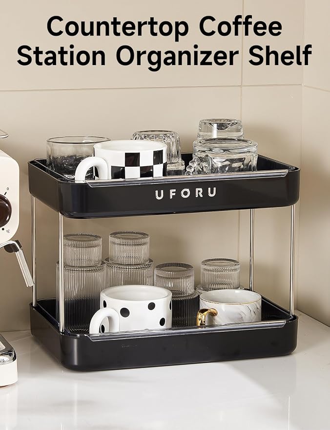 UFORU Countertop Coffee Station Organizer,Cup Rack,Mug & Wine Glass Holder | 2-Tier Black Mug Shelf with Removable Drain Tray,Bathroom Countertop Organizer,Spice Rack for Kitchen