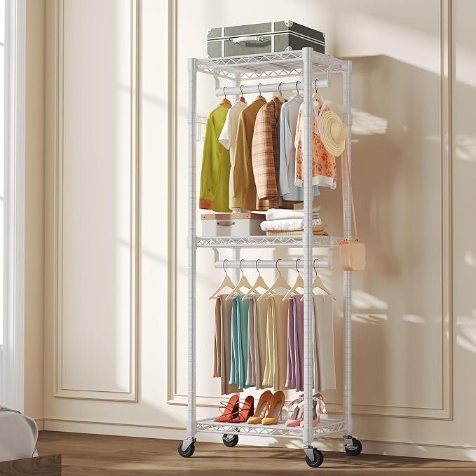 OLIXIS Clothes Rack Heavy Duty Adjustable Garment Clothing Rack with Wheels, Rolling Metal Freestanding Closet Organizer for Hanging Clothes with 2 Side Hooks, Double Rods, 23" x 15" x 75", White