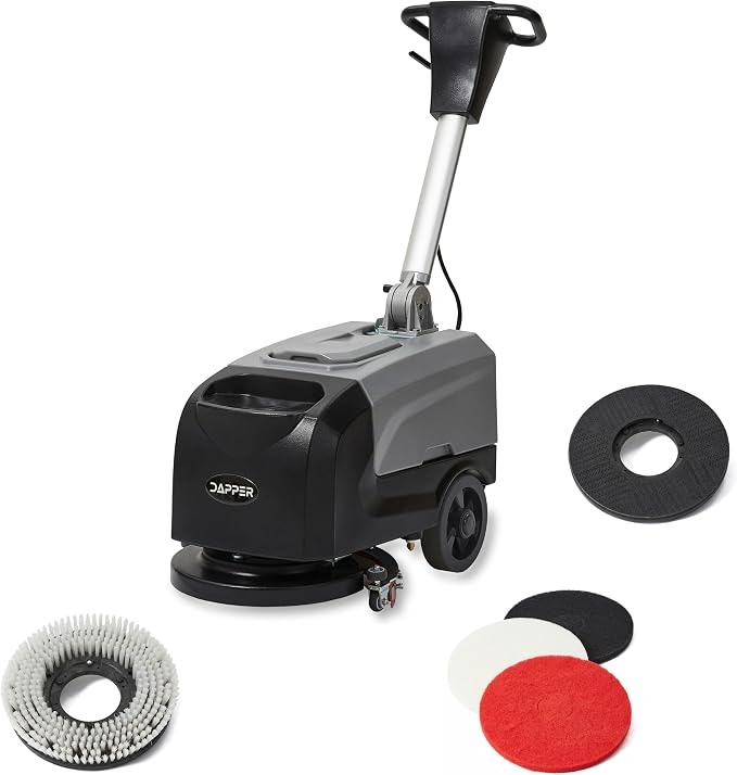 Battery Powered Walk Behind Floor Scrubber Buffer Polisher Machine with Foldable Handle 15 inch Brush 19 inch Squeegee Width 4.5 gal Tank Includes a Hard Brush and 3 Scouring pads