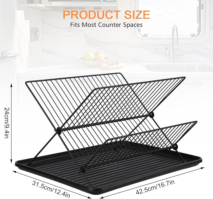 RV Foldable Dish Drying Rack, 2-Tier with Drip Tray, Stainless Steel Collapsible Rack for Sink & Kitchen Countertop, Space-Saving Dish Drainer Organizer for Dishes, Bowls, Plates, Cups