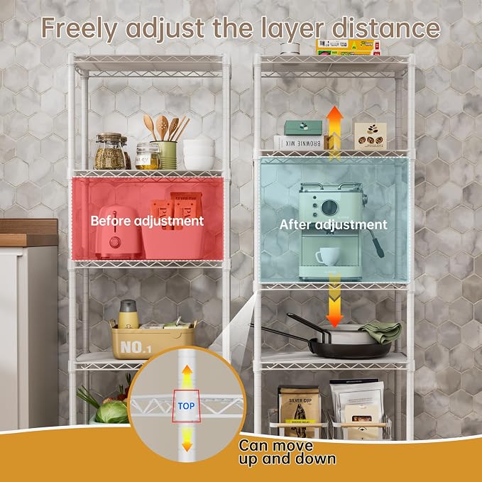 SINGAYE Small Wire 5 Adjustable Shelves Pantry Metal Shelf Floor Organizer | Armoire Adjustable Floor Kitchen Narrow Organizer Rack Shelving Short Square Stackable Standing Storage Tier Under Unit