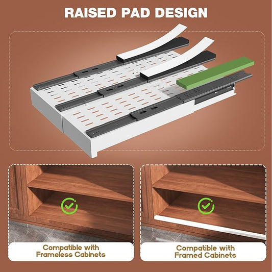 Seinloes 2 Pack Pull Out Cabinet Organizer Expandable Width(11"-16") and Depth(17"-24"),Slide Out Drawers with Raising Pad for Framed Cabinets,No Drill Roll Out Shelves for Kitchen,Bathroom,White