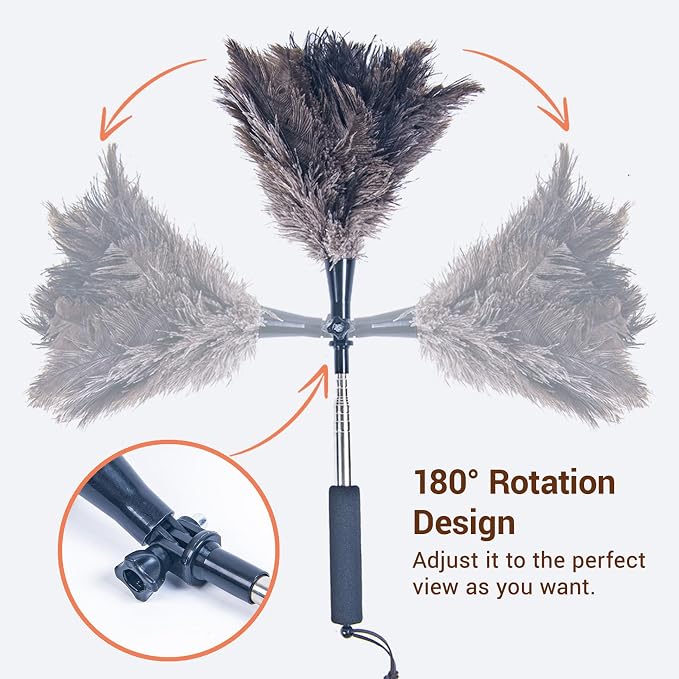 Luxury Black Curved Feather Duster, Extendable Ostrich Feather Cleaning Tool for High Ceilings, Furniture, Blinds, Walls, Soft Fluffy Long Handle Dusting(A13-Black)