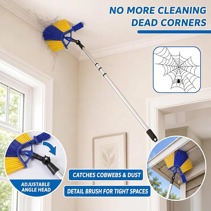 Cobweb Duster with 6ft Extension Pole and Adjustable Angle Brush | telescopic cobweb duster, with adjustable angle head, small detail brush for ceilings, corners, fans and outdoor areas