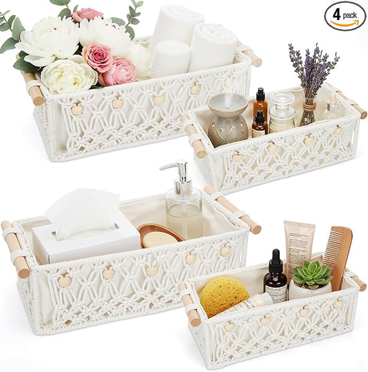 Vesici 4 Pcs Boho Macrame Storage Basket for Shelves 13" 11" Neutral White Storage Basket Hand Woven Box with Wood Handles Beads Decorative Countertop Toilet Cabinet Organizer for Home Decor