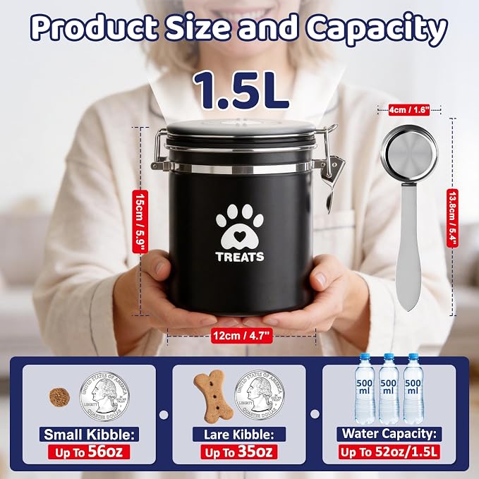 ENONCI Dog Treat Container Airtight,5.9"x4.7" Stainless Steel Cat Treat Jar for Kitchen Counter with Scoop, Pet Storage for Fresh Dog Cookie