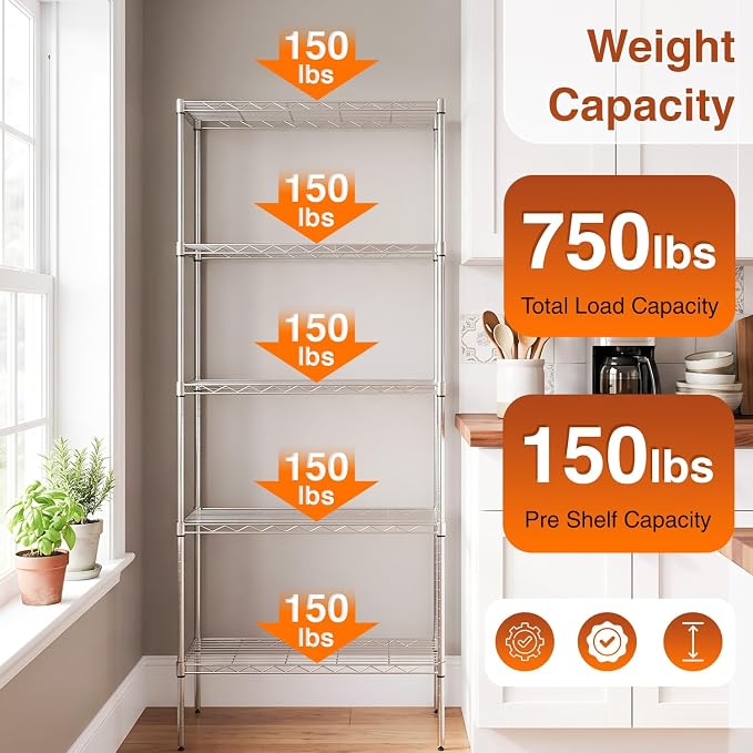 BestOffice | 5-Tier Wire Storage Shelves | 14x24x60 | Chrome | Heavy-Duty Metal Shelf, Holds Upto 750 lbs | No-Tool Assembly | Ideal for Home & Garage Shelving