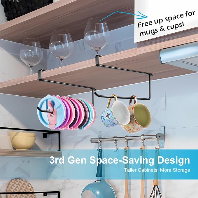 2Pack Tumbler Lid Organizer for Corner Cabinets, Space-Saving Coffee Cup Holder, Water Bottle Accessories Storage, Kitchen Organization, No Adhesive or Drilling Needed up to 24 Lids (Black Round Wire)