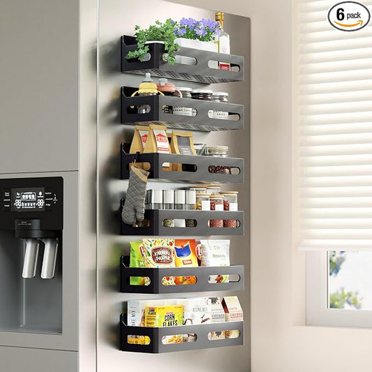 Sevenblue 6-Pack Magnetic Spice Rack for Refrigerator with Hooks, Black | Strong multipurpose magnetic shelf for kitchen & bathroom organization. Includes 4 removable hooks for hanging items.
