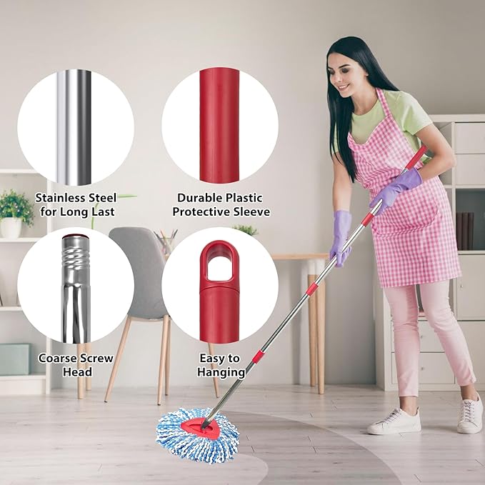 Nuorest Spin Mop Replacement Set for O-Ceda 2-Tank System, Includes 2 Mop Head Replacement, 1 Mop Handle (30-58in Adjustable 4-Section Pole), 1 Spin Base