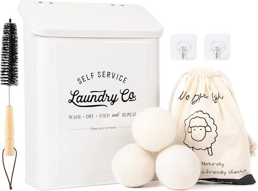 MONJITA Magnetic Lint Bin for Laundry Room, Metal Trash Can with Lid for Dryer, Farmhouse Lint Holder, Laundry Co Sign, Laundry Room Storage Decor with Dryer Lint Brush (White-Dryer Ball Set)